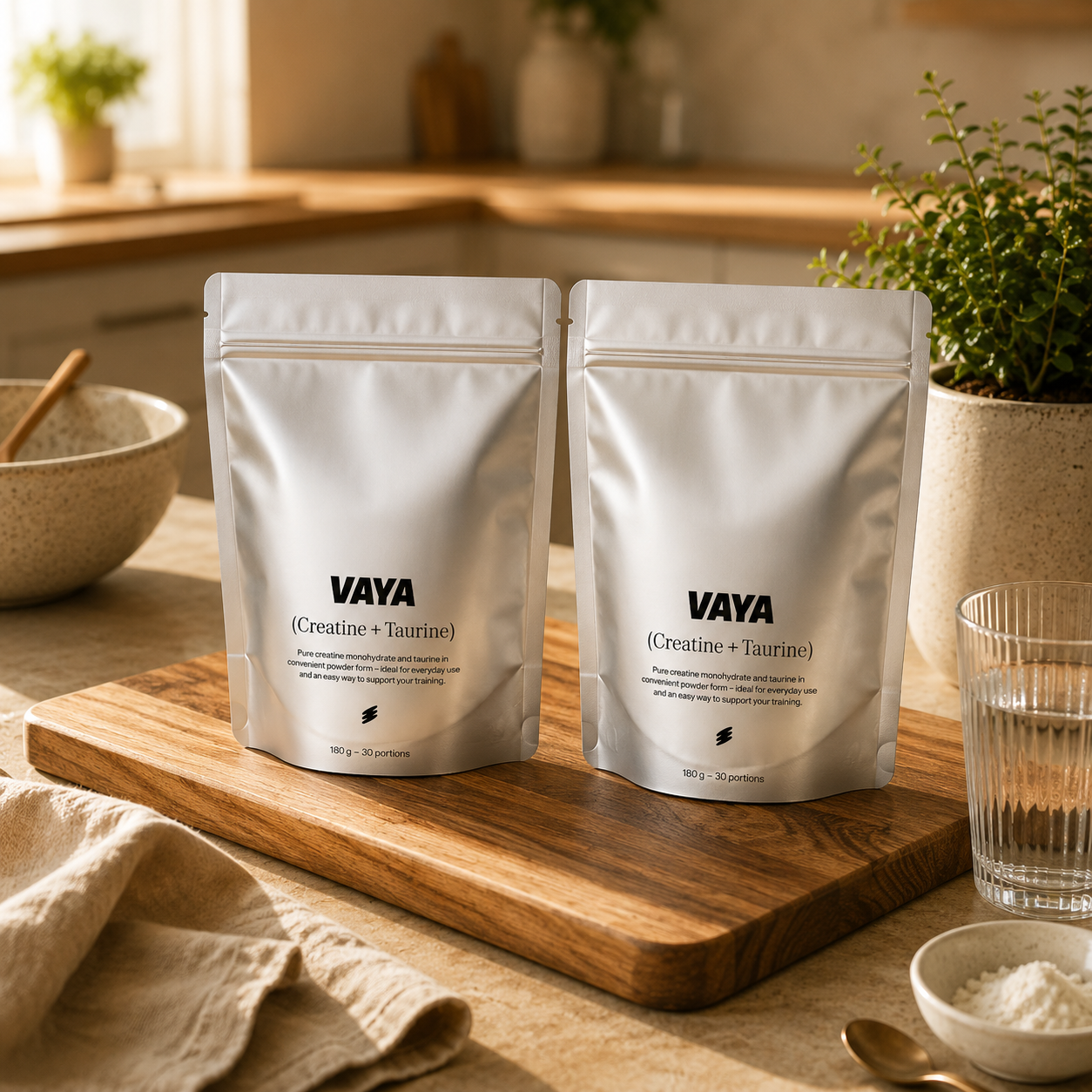 Vaya Creatine+Taurine 2x - kitchen counter with plant