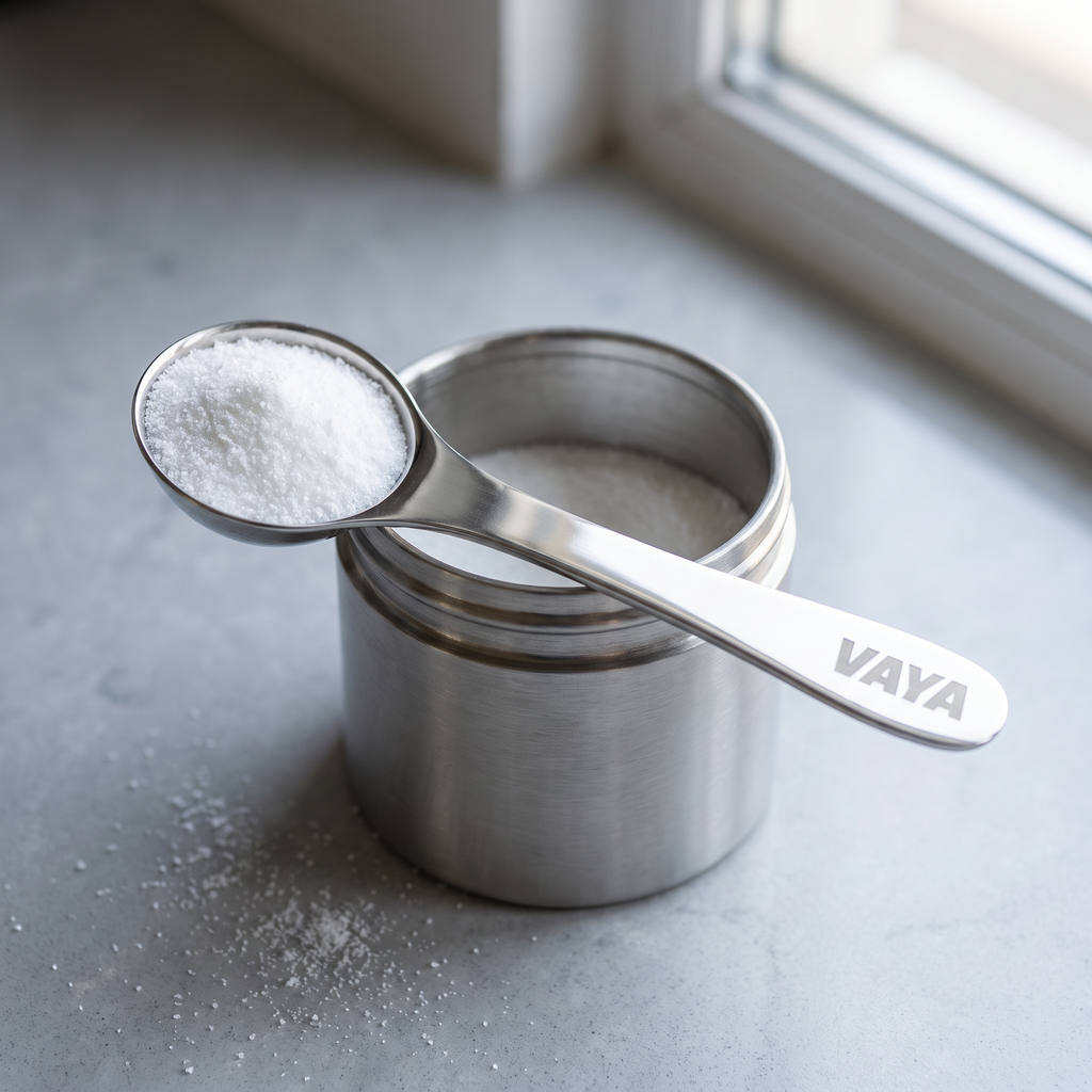 Vaya Messlöffel mit einer Portion Pulver auf der Edelstahl-Dose
