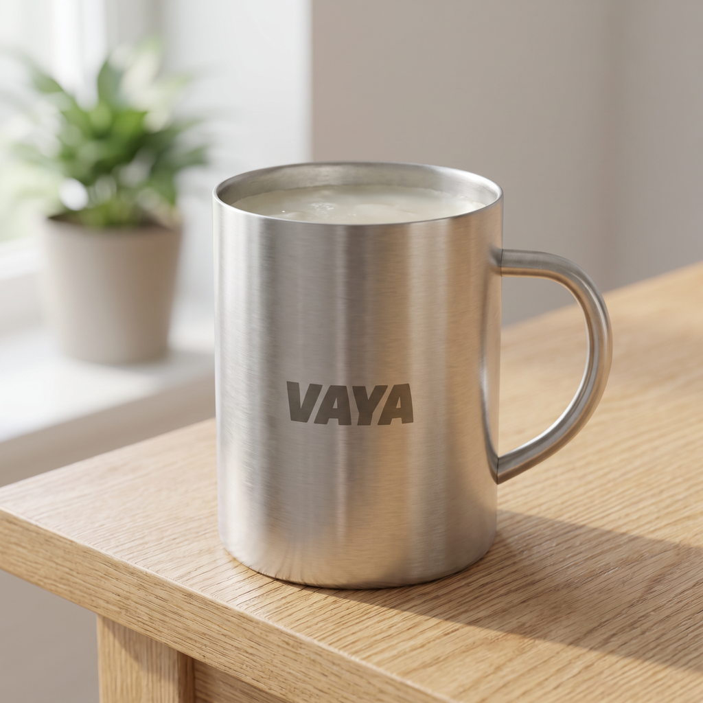 Vaya Edelstahl-Tasse mit Lasergravur auf einem Holztisch