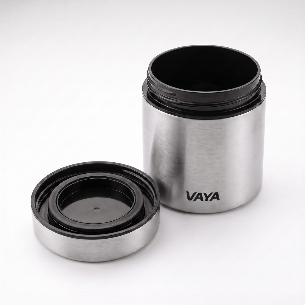 Vaya Edelstahl-Dose geöffnet, Innengewinde und Deckel mit Dichtring