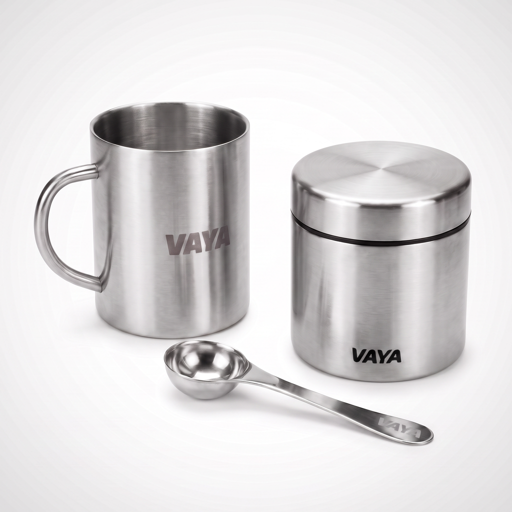 Vaya Edelstahl-Dose mit Edelstahl-Tasse und Messlöffel im Set