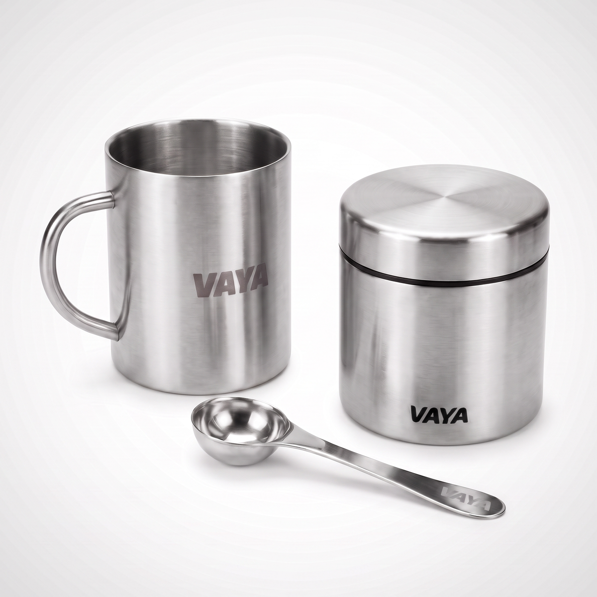 Vaya Edelstahl-Tasse, Edelstahl-Dose und Messlöffel im Set